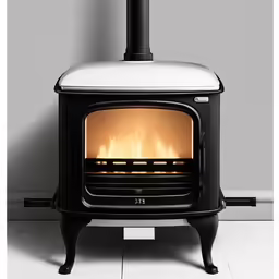 an open wood burning stove with fire flames