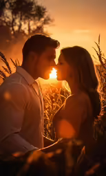 a couple kissing each other in the middle of a sunset