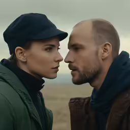 the man and woman are standing in a field