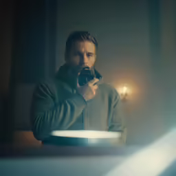 a man in a sweater looking into his camera
