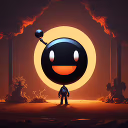 a strange looking artwork of an angry looking person,an orange and black balloon sitting on top of a ball
