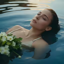 a woman floating in water with white flowers in her hand
