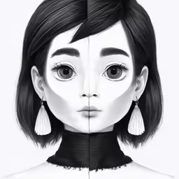 a girl with a black turtle neck and long black hair and white eyes