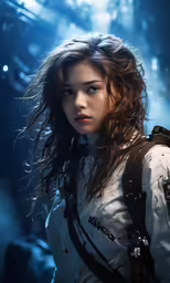a young female in a white jacket holding onto a black backpack