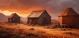 two wooden houses sit in the middle of a field,the huts are on a dirt road beside mountains