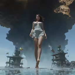 a beautiful woman walking down the runway of a futuristic world