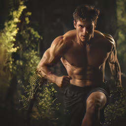 a man with muscular body holding a wooden stick