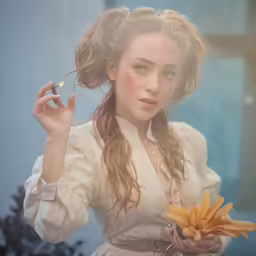 a woman in dress holding a cigarette and holding a flower