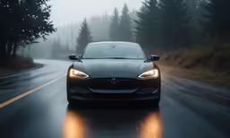 an electric car is seen in the rain and on a wet road