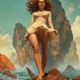 a woman standing on rocks in the middle of the ocean