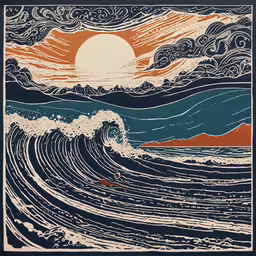 an image of waves coming up over an orange sunset,an image of a ocean wave with sun shining in it