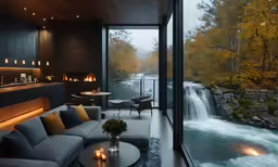 the living room and dining room has a waterfall