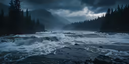 waves splash the rocks and a river bank under a stormy sky