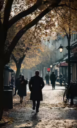 two people walking down a city sidewalk next to a street lamp