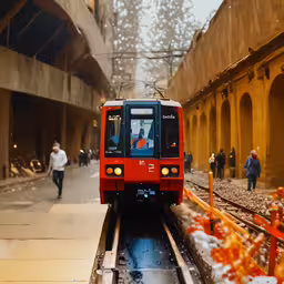 a red train is moving down the tracks,a red train is coming down the tracks