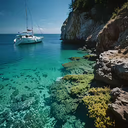 a boat on the water near a rocky shore