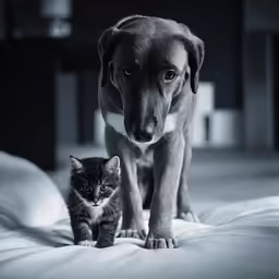 the dog is walking and the cat is standing on a bed