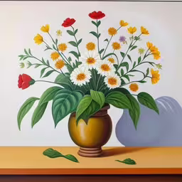 painting of flowers in a pot on a table,painting with a brown vase and flowers on top