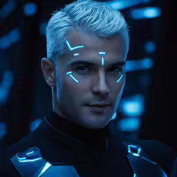 a man with light painted on his face and chest