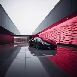 a car in a parking lot with a red light