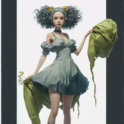a 3d character in a green dress holding a flower