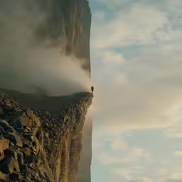 a man stands on the edge of a cliff as clouds roll in behind him