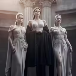 three women dressed in gowns and caped outfits standing next to each other