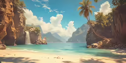 a tropical beach scene with a waterfall and a couple trees