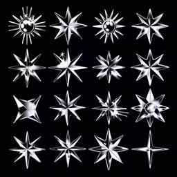 a group of stars with one of the petals folded down,a variety of stars set on a black background