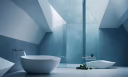 a modern bathroom with white bathtub next to a large mirror