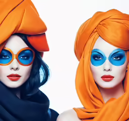 two women with blue eye make up, wearing bright orange accessories