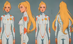 four sketches of the female humanoid, from a series of animation