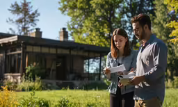 two people are looking over a piece of paper in front of a house