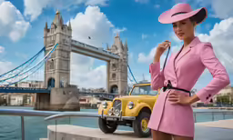 the girl is wearing a pink coat and hat