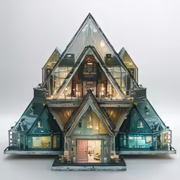 a small structure of glass and wood with a house in the middle