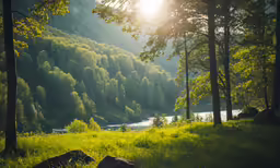bright sunlight shining down on the lush green forest