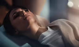 a woman laying on her back, looking ahead