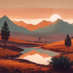 a river runs through a dry, mountainous landscape,a beautiful sunset on the horizon and an illustration