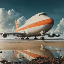 an orange and white airplane on the runway