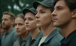 the military people are lined up in line