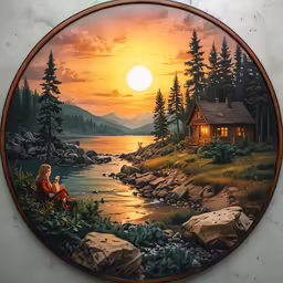 a painting of a man sitting on a rock near a lake at sunset