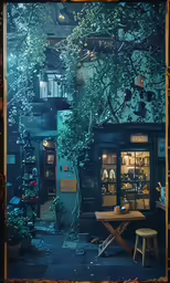an old store in the middle of a night scene