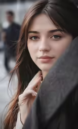 a woman is wearing a dark jacket on the street
