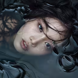 a woman floating in water with her eyes wide open,a young woman is submerged in water with black hair