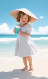 the little girl is wearing a sun hat and holding a beverage