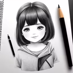 a drawing of a girl, with black pencil on a paper