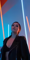 a woman wearing black standing in front of colorful lights
