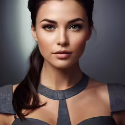 a beautiful young woman with brown hair wearing a gray top