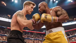 two professional boxing players in a ring with a crowd in the background
