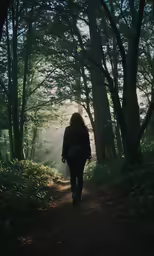 a woman is walking down a dirt path with trees and leaves on either side